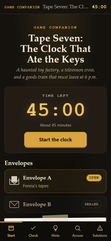 The companion page on a phone, with the clock and the envelopes