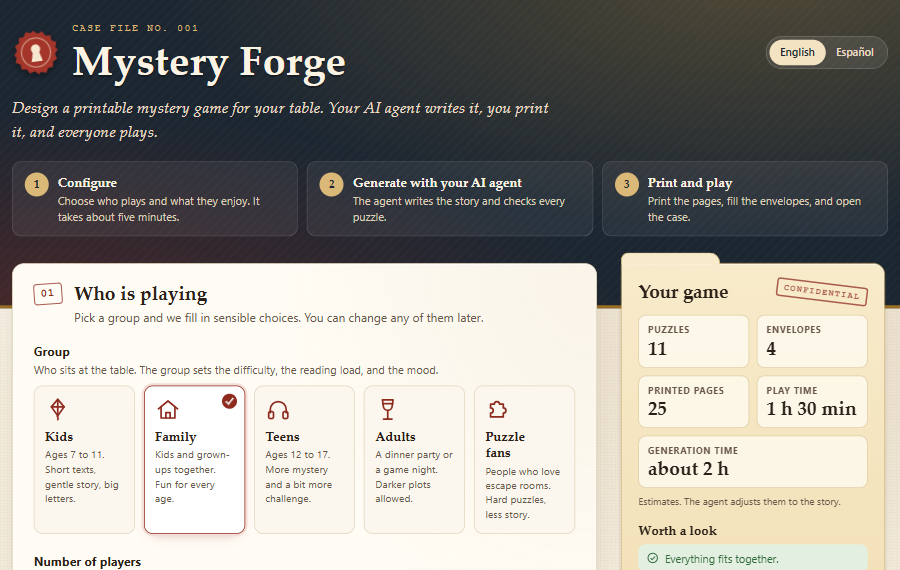 The settings page: you choose who plays, the length, the story, and the look