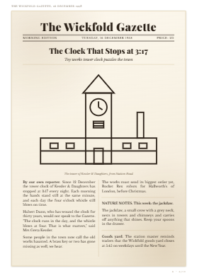 A newspaper page from a sample game