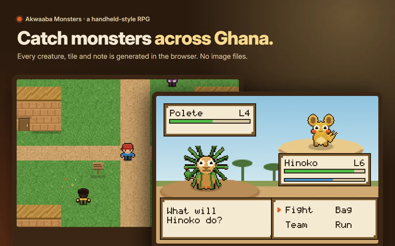 Headline "Catch monsters across Ghana" above two pixel-art game screens: a battle between the creatures Hinoko and Polete, and the player on the dirt roads of Aduma village among thatched huts