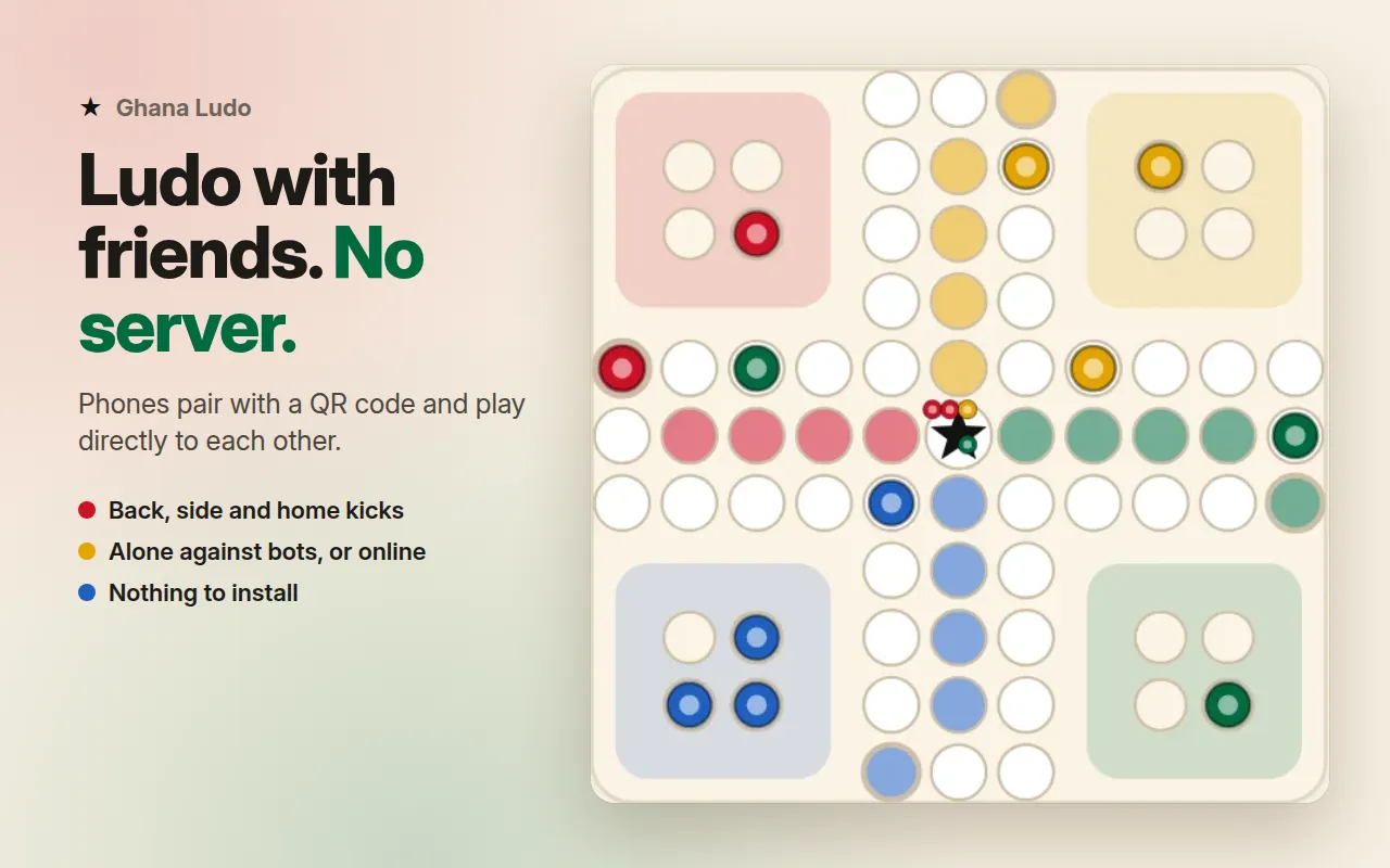A Ludo board mid-round with red, gold, green and blue pieces round a black star, beside the headline Ludo with friends, no server