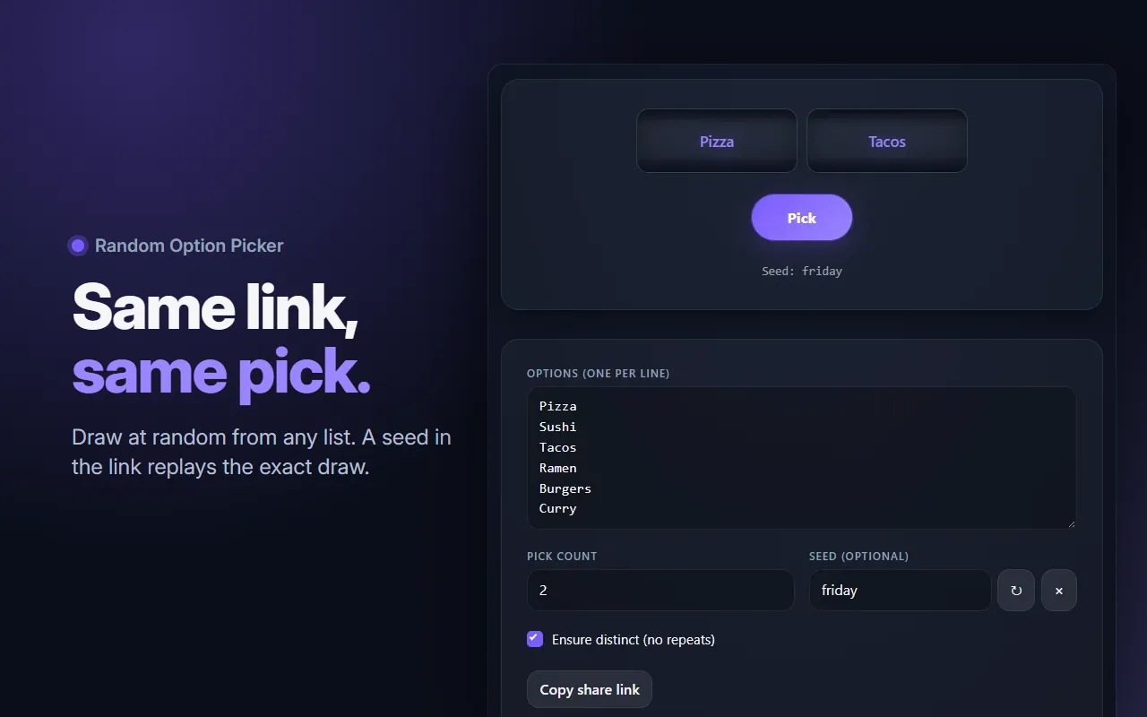 Headline "Same link, same pick." beside the Random Option Picker, with two reels showing Pizza and Tacos drawn from a list of six dishes with the seed friday