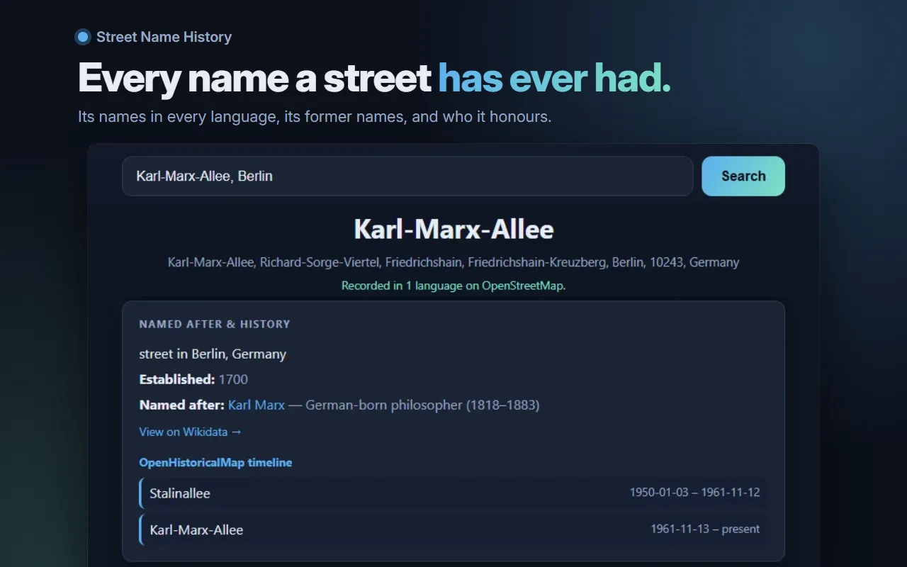 Headline "Every name a street has ever had" above a search for Karl-Marx-Allee in Berlin, showing it is named after Karl Marx and was called Stalinallee from 1950 to 1961