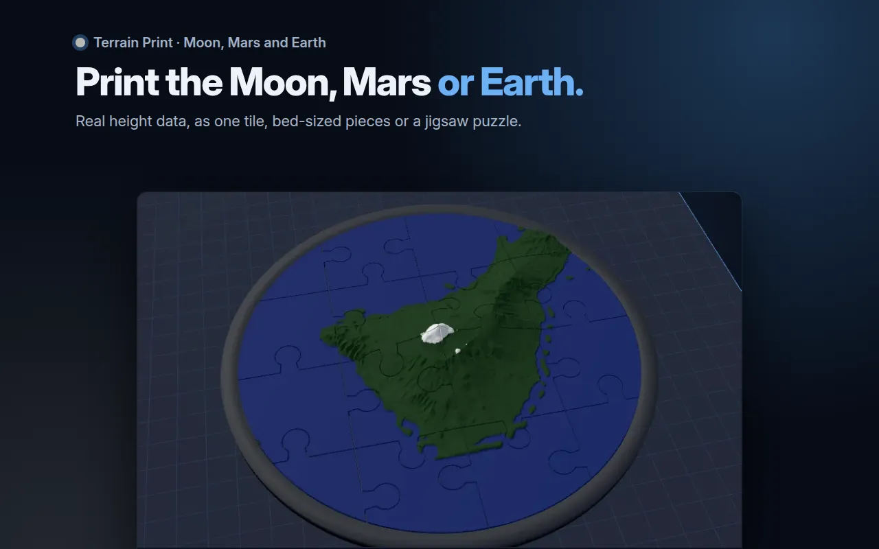 Headline "Print the Moon, Mars or Earth." above a 3D preview of Tenerife as a 16-piece jigsaw puzzle in a round frame, with a blue sea, green land and a white snow cap