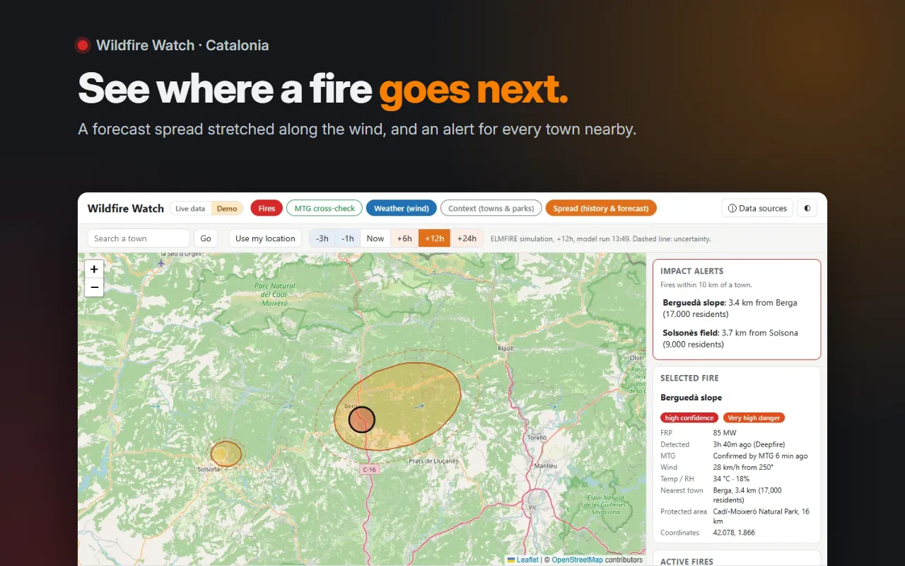 Headline "See where a fire goes next" above the Wildfire Watch map, with a fire near Berga, its wind-stretched forecast spread, and the town alerts