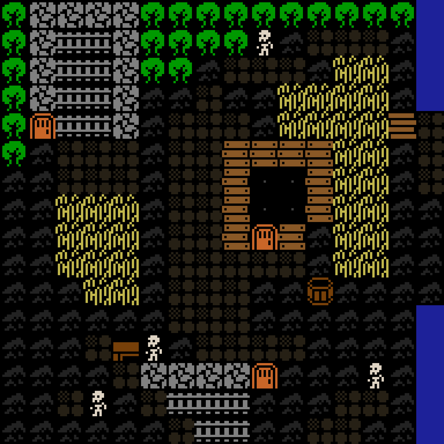 v-llm, the whole map in one call: the same seed with cottages, fields, a river along the east edge, trees and paths.