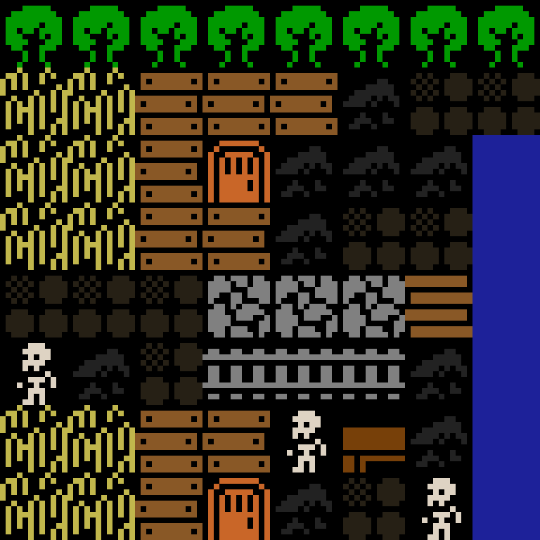 LLM, with version 1’s code, medieval village, clustered order, 8 by 8 cells.