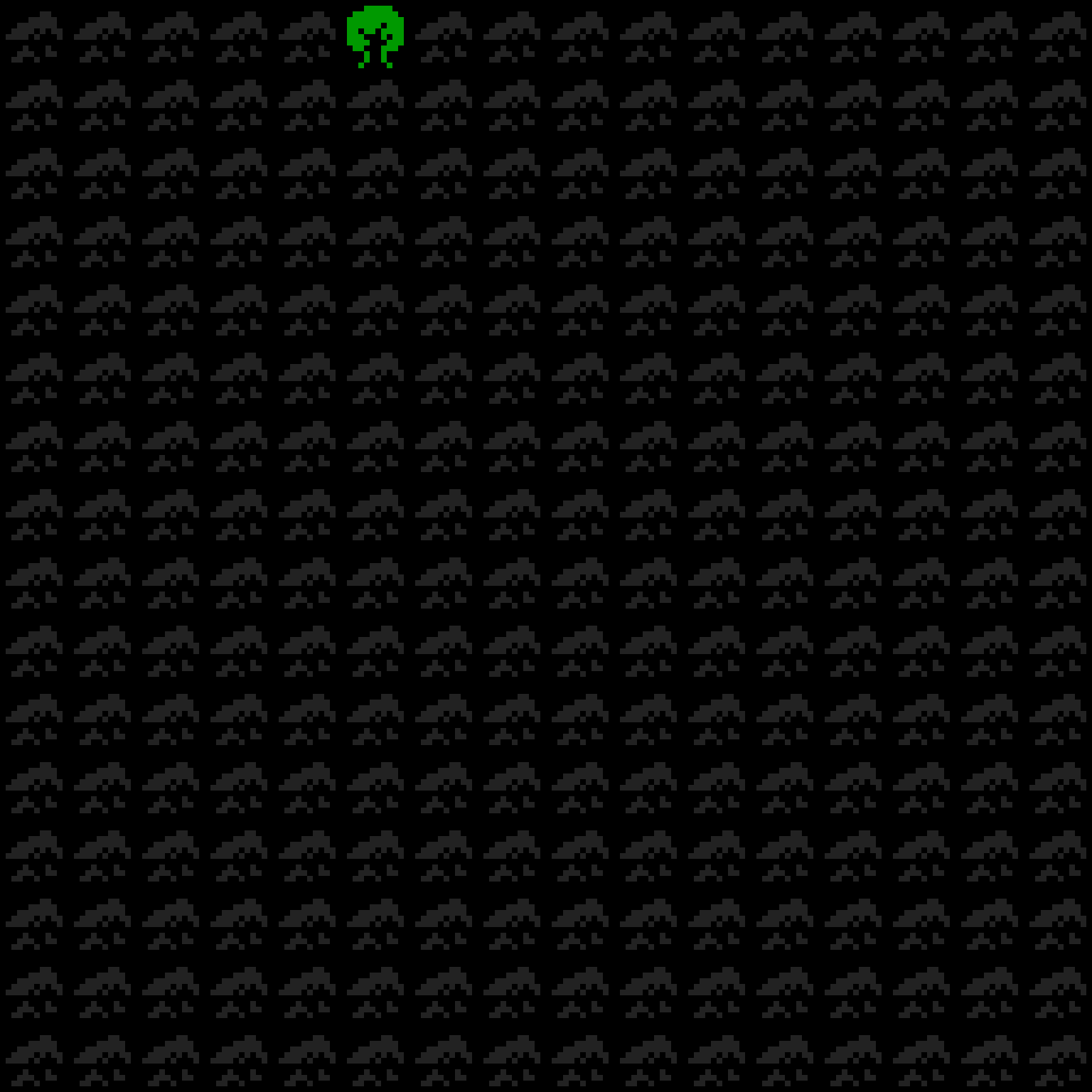 A 16 by 16 grid entirely of dark grass tiles, with one green tree near the top.