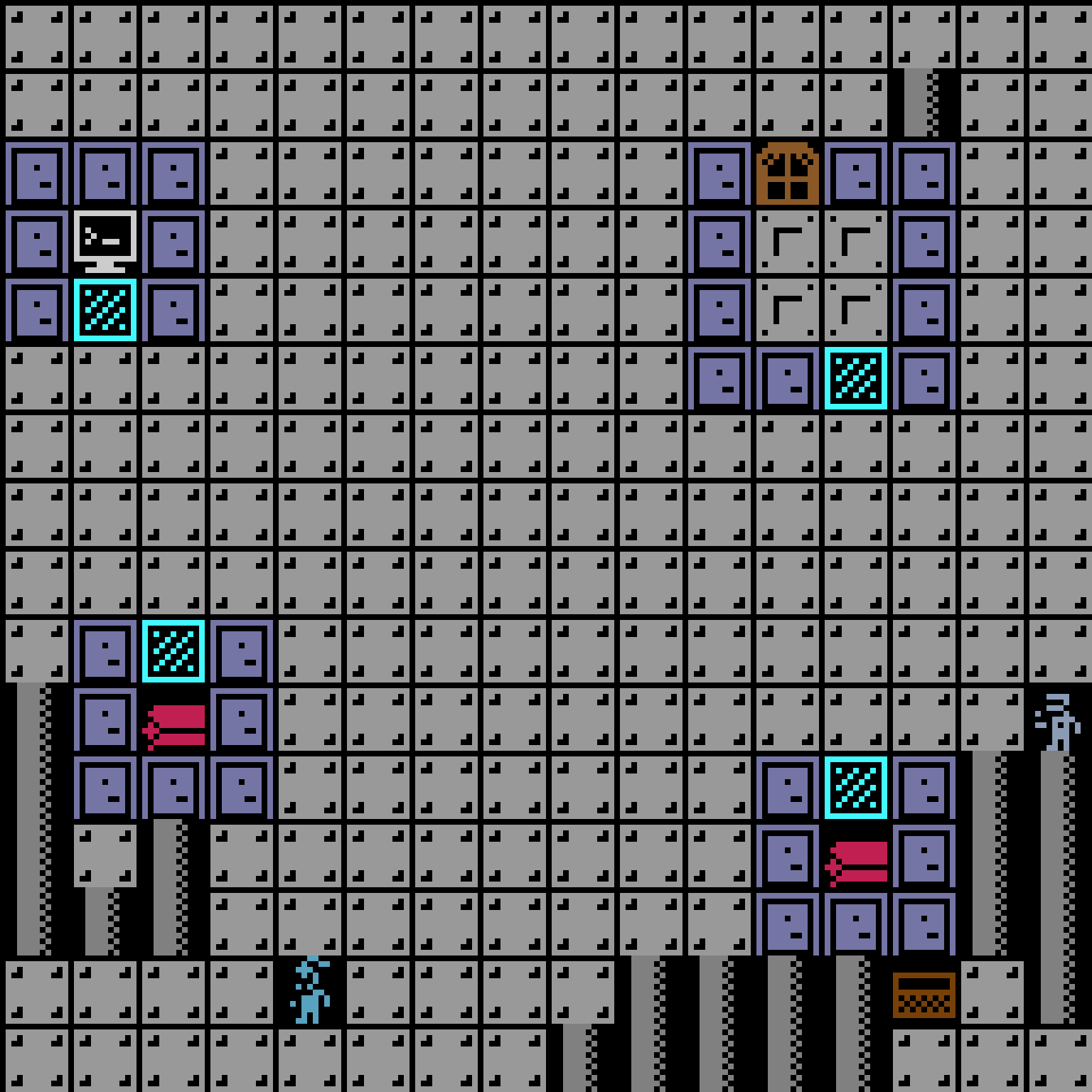 v10 space station: a 16 by 16 grid where more than half the cells are corridor, with sealed sections of blue panels.