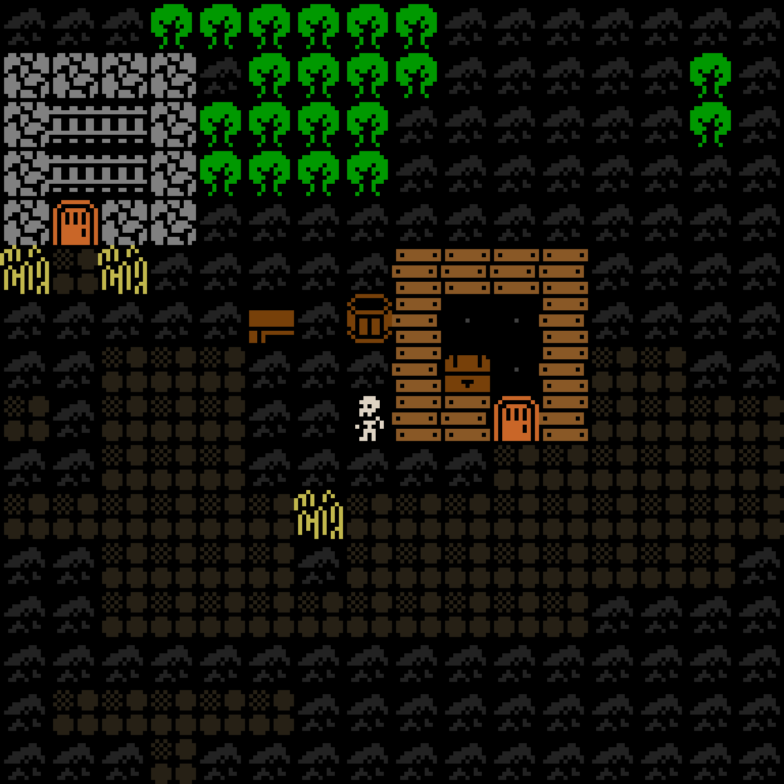 A 16 by 16 pixel-art village: a stone cottage with an orange door in the top left, a wooden cottage with a door in the middle, trees along the top, a dirt path across the bottom, a villager and two haystacks.