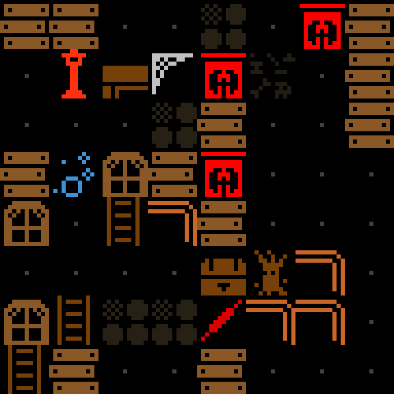 v3: wall fragments, a candle, a door in open floor.