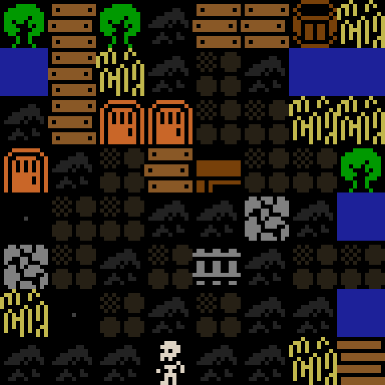 Cell by cell, version 3, medieval village, clustered order, 8 by 8 cells.