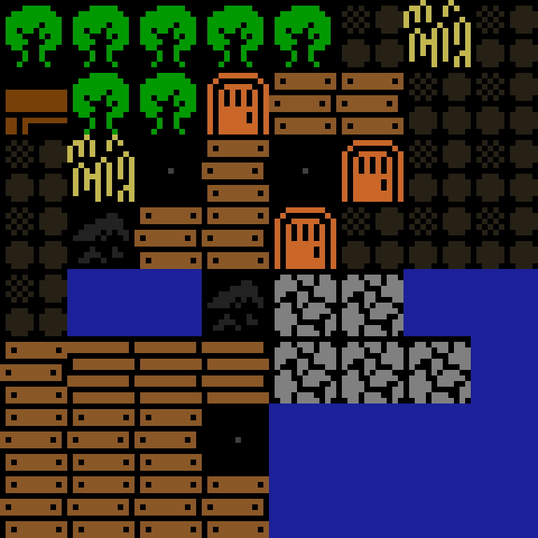 Cell by cell, version 5, medieval village, clustered order, 8 by 8 cells.