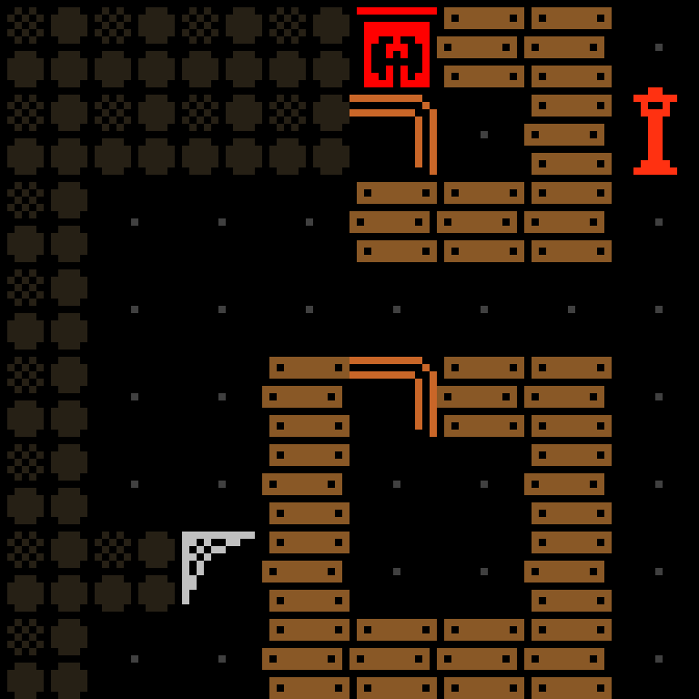 v8: two rectangular rooms with doors, a candle between them.