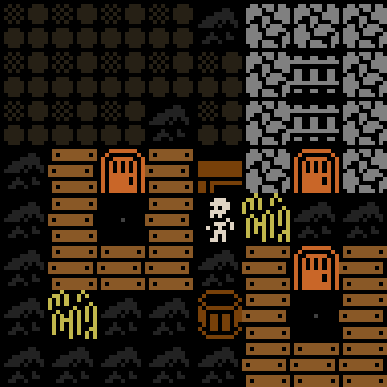 Cell by cell, version 9, medieval village, spiral order, 8 by 8 cells.